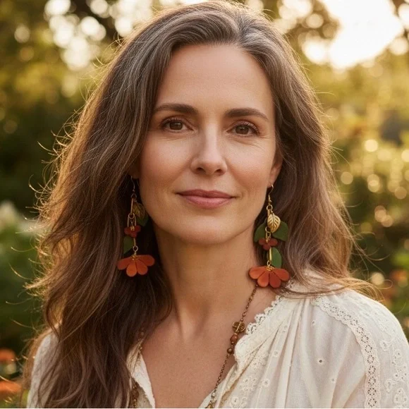 Handcrafted artisan leather earrings featuring leaves and flowers - Picture 2 of 8